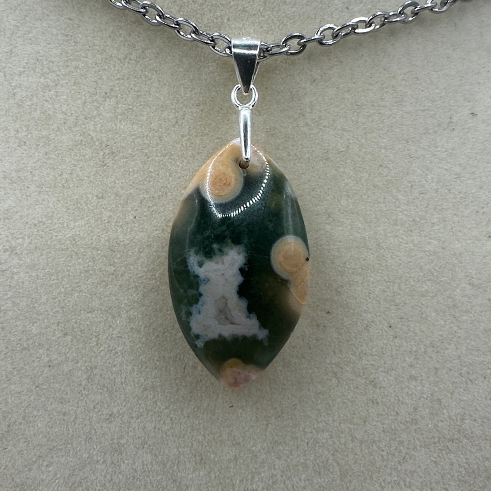 Eye Shaped Ocean Jasper Pendant on Stainless Steel Chain